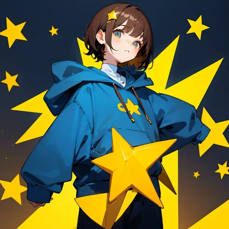 girl、Brown Hair、short hair、Dark blue hoodie、Yellow star hair clip、Yellow stars on a dark blue background