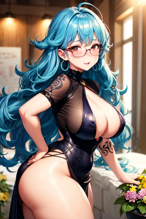 Cute sexy nervous woman with thick long messy curly blue hair with glasses with tattoo blushing with bright earrings with thick thighs and big chest in a sexy dress holding flowers with butt out acting shy and embarrassed blushing