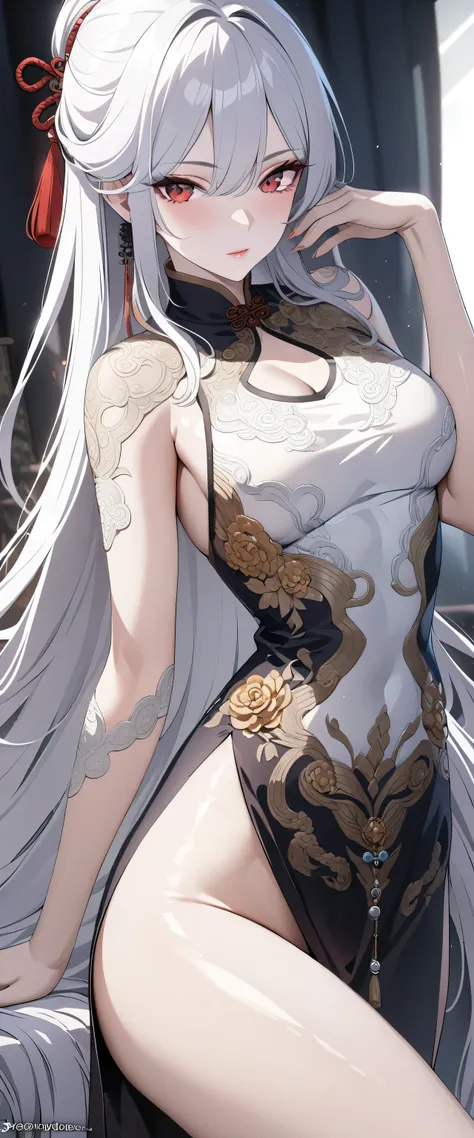 unparalleled masterpiece, ultra realistic 8k cg, perfect artwork, ((perfect female figure)), white hair, red eyes, mature female...