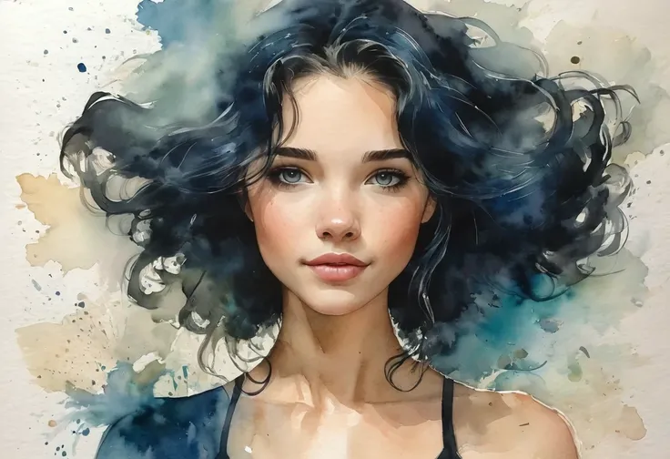 a watercolor painting of a woman with long black hair and a black dress, 2 girl with blue hair, style of charlie bowater, jen bartel, in style of charlie bowater, woman with flat hair, in style of anna dittmann, charlie bowater rich deep colors, inspired b...