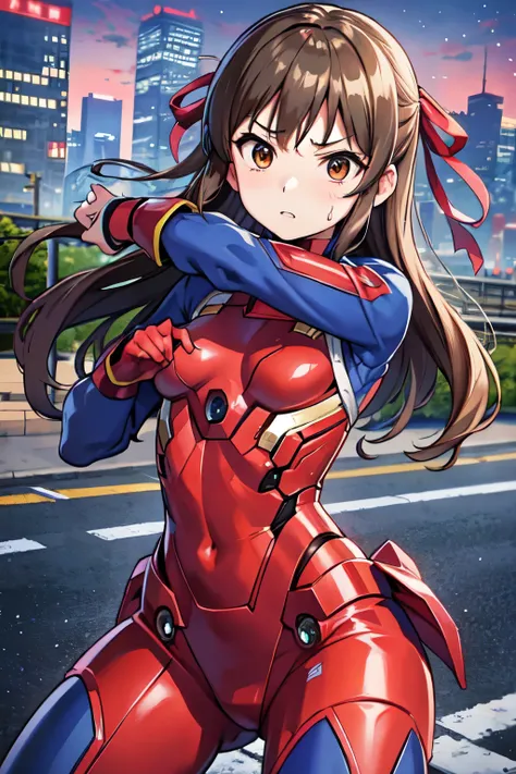 (((Tachibana Alice、iM@S)))Primary school students、child、Long Hair、((Small breasts、Small breasts、child体型、Angry、injured body、Blue ribbon))、((Silver Iron Man suit、Crotch crack))、City of night、Rooftop、Boxing stance、8 year old 、Realistic body、battlefield、Fight ...