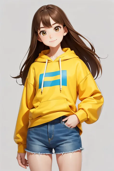 (highest quality:0.8), (masterpiece), Very white skin, Long Hair, Brown Hair, Light brown eyes, feminine, slender,Are thin,  freckles, Tilt, elegant, elegant, cute, smile, cute, Hilarious, Denim shorts, Yellow hoodie、Simple Background、Single color backgrou...