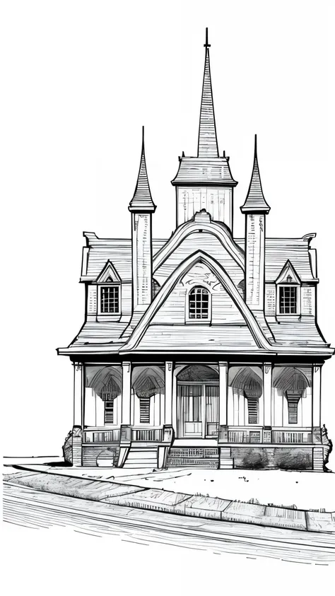 best quality, high resolution, detailed background, high contrast. white background, clean line drawings, haunted house