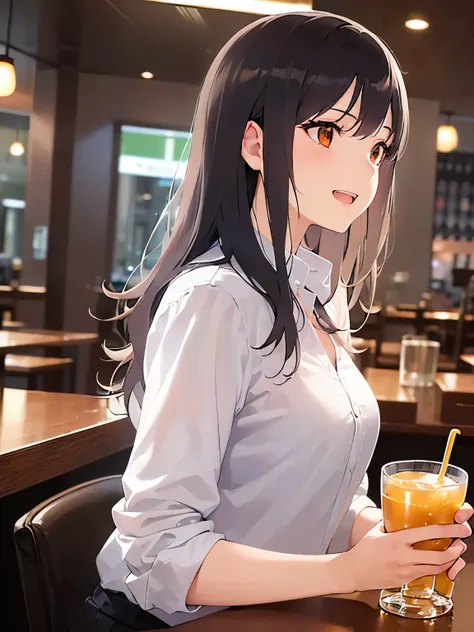 side angle, (looking away:1.5), holding a beer, Upper Body, Realistic, real person, (pale skin: 1.2), RAW photo, photorealistic, portrait photography, shiny skin, shiny hair、(A 25-year-old woman with medium-length hair and bangs) and (wavy hair) and (brown...