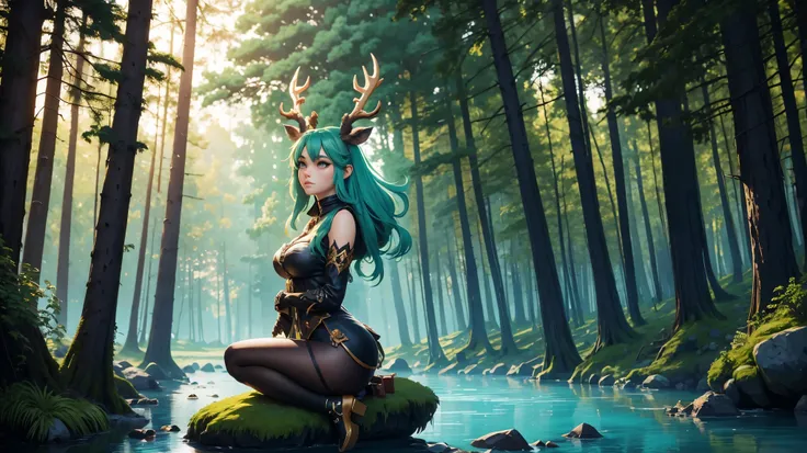 a woman with green hair and a deer antlers head sitting on a rock, beautiful face, stylized anime, forest soul, detailed digital anime art, anime fantasy illustration, digital anime art, digital anime illustration, anime fantasy artwork, anime styled digit...