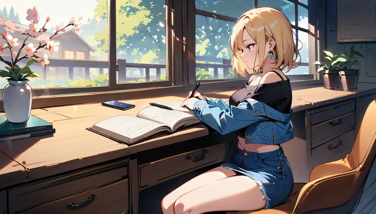 (masterpiece, best quality:1.2), 1girl, solo, Android 18 from Dragon Ball in her chic and pristine log cabin room, slender figure with short blonde hair, blue eyes, earrings, jewelry, denim jacket worn over striped off-shoulder long sleeves exposing her sh...