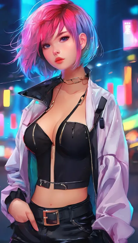 portrait, 1 girl, beautiful face, asymmetrical hair, multi-colored hair, belt, bodysuit, covered mouth, covered navel, detached sleeves, grey eyes, hip vent, open jacket, cute, look at viewer, night city, neon, rainy,