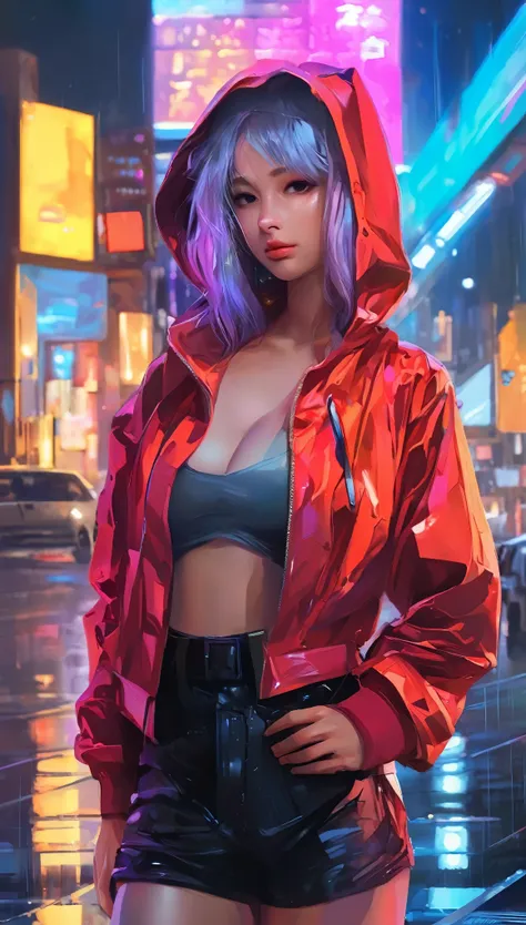 photrealistic, ultradetailed, portrait, 1 girl, beautiful face, asymmetrical hair, multi-colored hair, belt, bodysuit, covered mouth, covered navel, detached sleeves, grey eyes, hip vent, open jacket, cute, look at viewer, night city, neon, rainy,