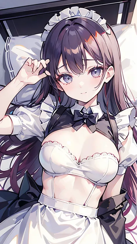 ((best quality)), ((masterpiece)), (detailed), perfect face, A maid girl with long purple hair. Her cheeks are red and she looks at me shyly. emphasized chest. Her thick hair flows as she waits on customers. A maid costume with frills. She serves at the ro...