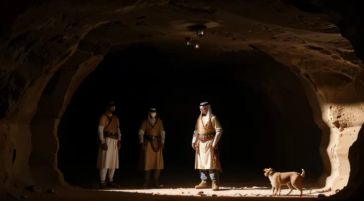 arabic 310 ad, In a cave, 4 men and a guard dog are talking. ultra realistic hd