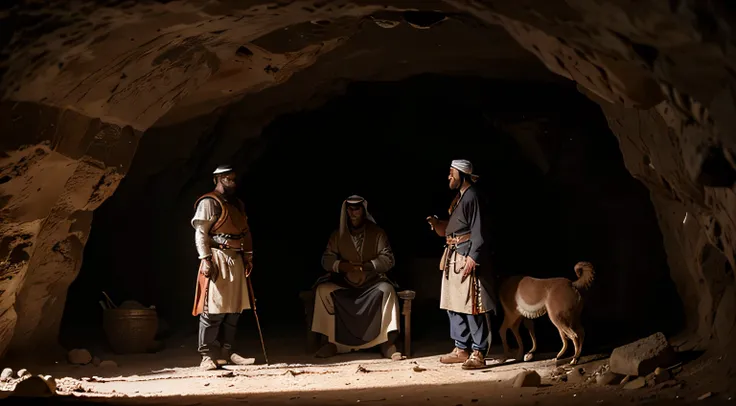 arabic 310 ad, In a cave, 4 men and a guard dog are talking. ultra realistic hd