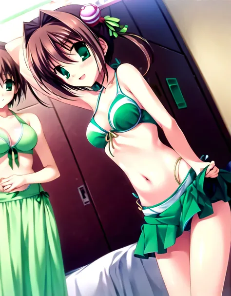 asakura_yume,Brown Hair,Medium Chest,Aqua Eye,White skin,((locker room)),((Are standing)),(((Changing into a bikini swimsuit))),((Bust up shot)),(((((green_Summer Dresses))))),((valley)),No bra,smile,Open your mouth,