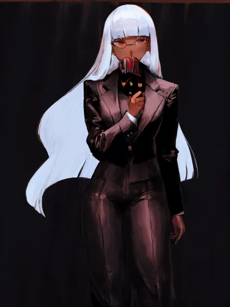 (top-quality、​masterpiece:1.2) 1girl、((dark skinned female、long straight white hair, Blunt bangs, Hair hanging over the ears)) golden eyes、eye glasses、((Black Business Suit、Black tailored jacket、white shirt、Black pantsuit)) (office backdrop) (Serious look)...