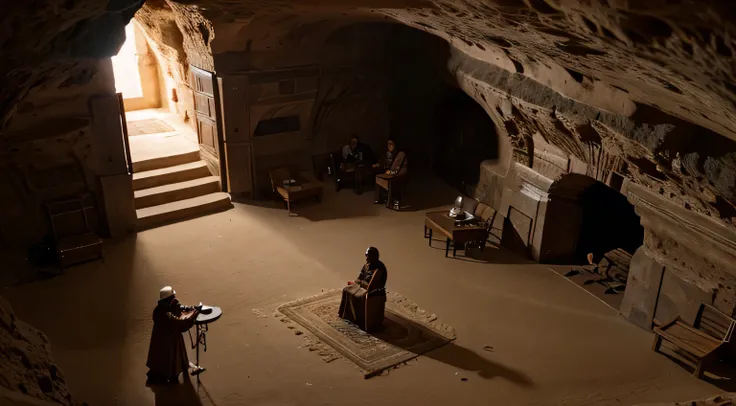 arabic 310 ad, In a cave, 4 men and a guard dog are talking. ultra realistic hd from above angel