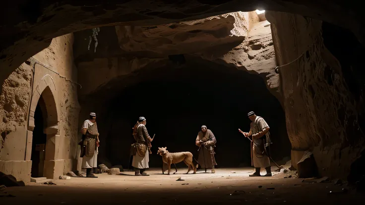 arabic 310 ad, In a cave, 4 men and a guard dog are talking. ultra realistic hd