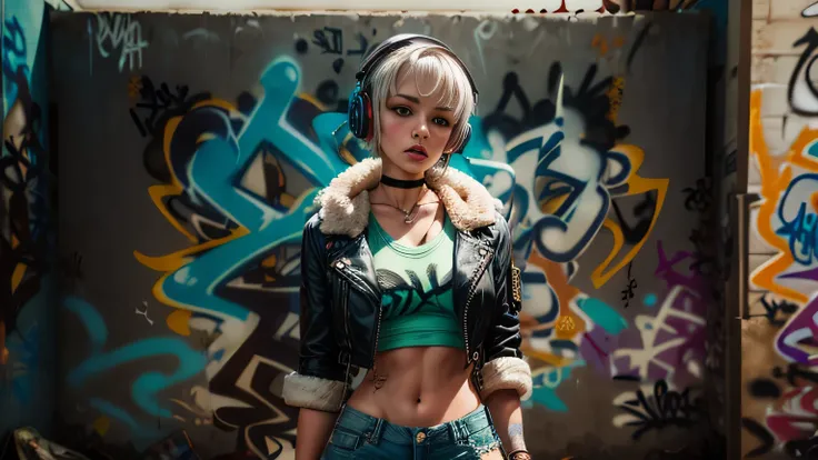 masterpiece, best quality, Tia is shown to have a fairly slender figure. Big , She has white-grey hair , she has short hair and large pale green eyes, crop top, denim shorts, choker, (graffiti:1.5), leather jacket with fur, paint splatter, arms behind back...