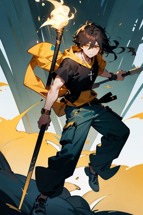 adult man, mexican, japanese, dark brown fluffy hair, yellow eyes, toned, black and gold hoodie, black T-shirt, cross necklace, watch, black sling bag, holding a silver Bo staff, dark blue cargo pants, black and white shoes, in a forest