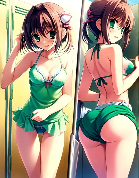 asakura_yume,Brown Hair,Medium Chest,Aqua Eye,White skin,((locker room)),((Are standing)),(((In the middle of changing into a bikini bra))),((Bust up shot)),(((((green_Summer Dresses))))),nsfw, ((valley)),No bra,topless,smile,Open your mouth,