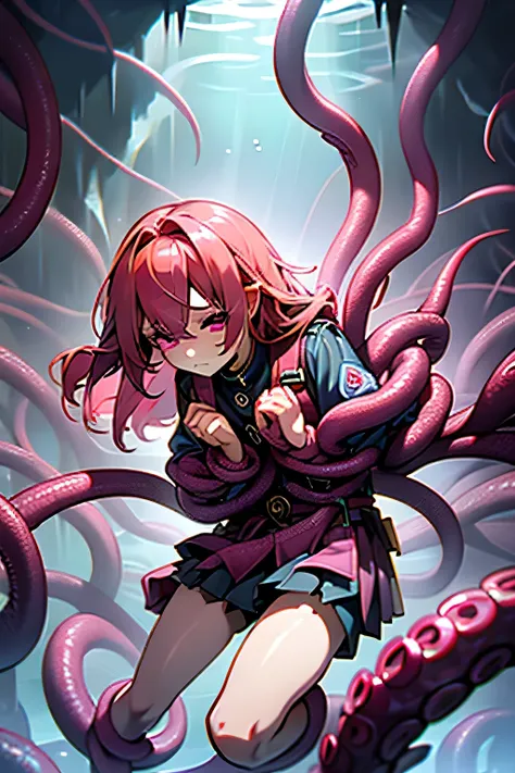 beautiful girl wrapped in tentacles、wrap multiple tentacles around the body、clasp hands together、controlled、sulky face、pink hair...