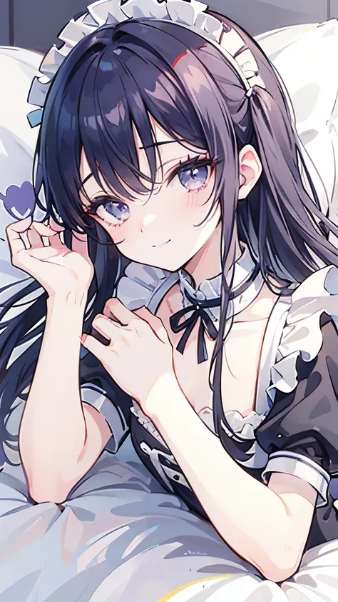 ((best quality)), ((masterpiece)), (detailed), perfect face, a maid girl with long purple hair. her cheeks are red and she looks...