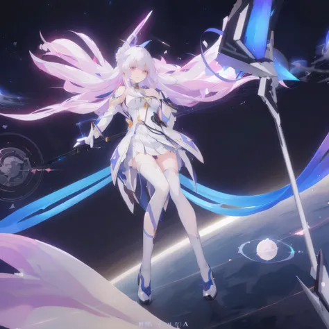 White hair anime girl holding a space sword, Beautiful Celestial Mage, goddess of galaxies, White-haired deity, seraphine ahri Keda, From the Azur Lane video game, The goddess of the universe, Knight of the zodiac girl, Ethereal Anime, Anime girl with cosm...