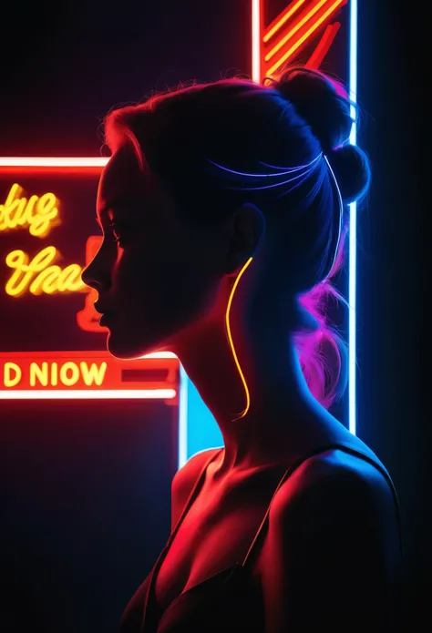 Side face silhouette，Shadow of beautiful woman under neon sign,Huge neon signboard，(Neon sign with text:1.5)