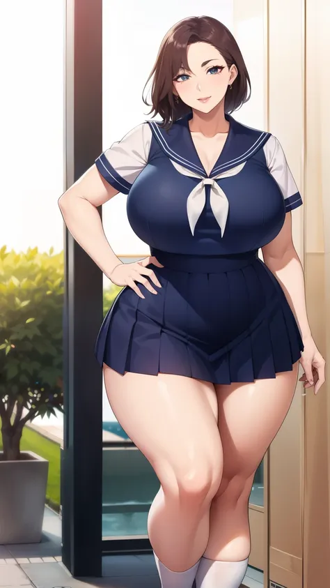 Large Breasts, Big Hips,Full Body Shot, Mature mother, Whipping the lower body, Plump thighs, Full calf, Seductive mature woman, Perfect body, Plus Size Model,high school girl,Sailor suit, The skirt is short,Mature woman wearing Sailor suit,