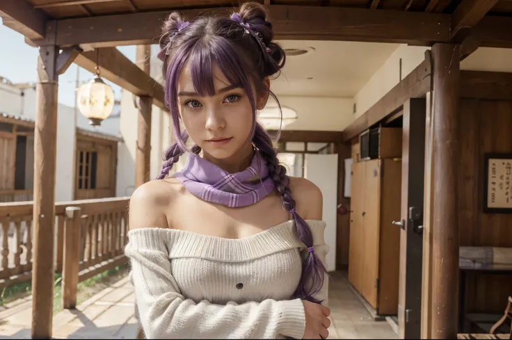 (Realistic painting style:0.9), masterpiece, best quality,  absurdres, looking at viewer, solo, keqing (lantern rite) (genshin impact), keqing (genshin impact), hair bun, skirt, scarf, purple sweater, white skirt, purple hair, sweater, twintails, purple ey...