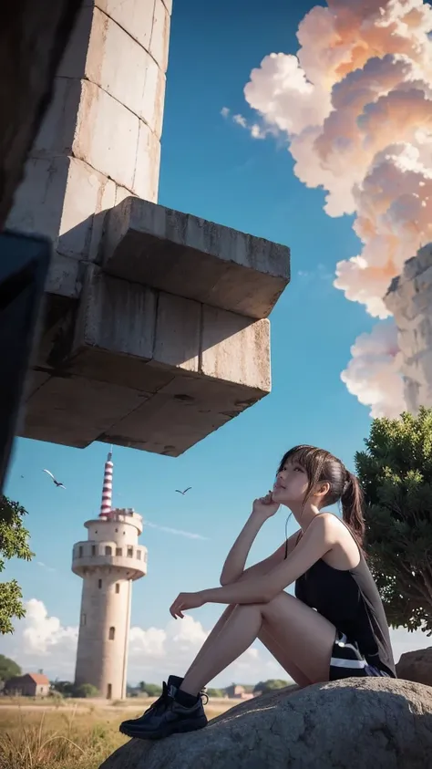 Anime girl sitting on a rock looking at the sky,A tower piercing the sky in the distance, makoto shinkai cyril rolando, anime art wallpaper 4k, anime art wallpaper 4k, Cyril Rolland and Goro Fujita, anime art wallpaper 8k, 4k anime wallpaper, anime wallpap...