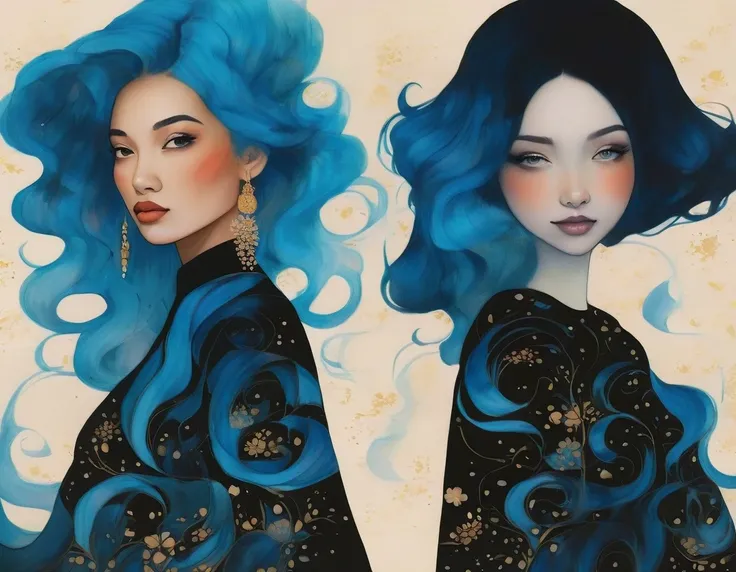 a watercolor painting of a woman with long black hair and a black dress, 2 girl with blue hair, style of charlie bowater, jen bartel, in style of charlie bowater, woman with flat hair, in style of anna dittmann, charlie bowater rich deep colors, inspired b...