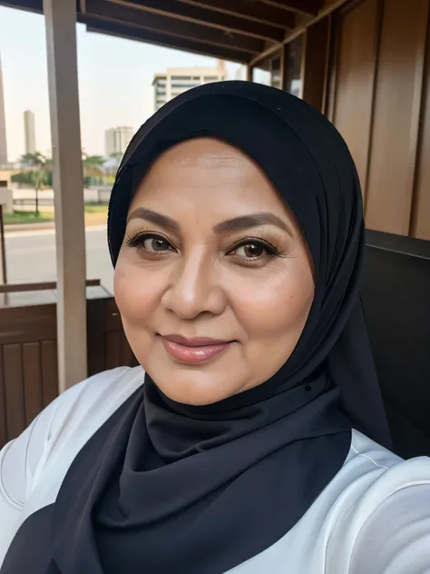 (selfie photo) (realistic) ((sexy hijab)) (real mature face) (old beauty) 62 years old fat brunei mature woman, sexy curvy, (sex...