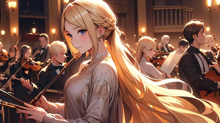 (only one woman), blonde hair, playing flute in orchestra, Ponytail, (best quality，8K，masterpiece:1.3))，Slim beauty:1.3，(Casual hairstyle，1.2)，clothing:1.1，long sleeves ，super delicate face，exquisite eyes，double eyelids，Smile，Home