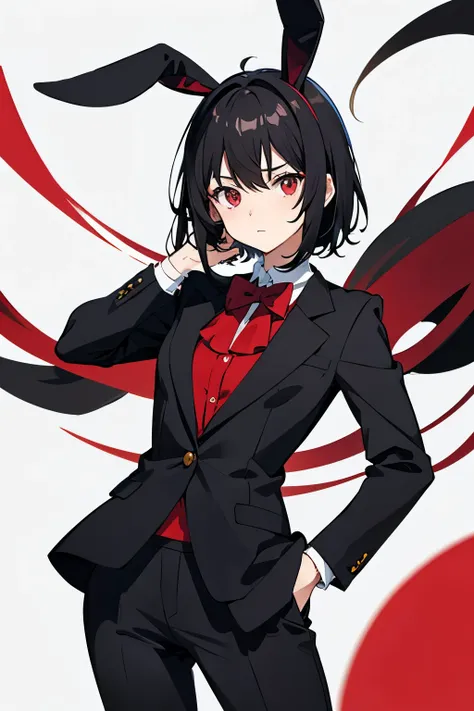 anime girl, bunny ears, short black hair, suit, red eyes