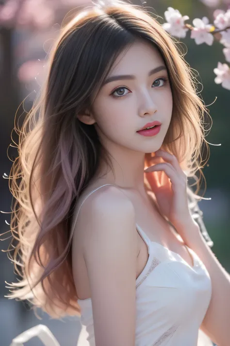 A girl with a very detailed face, including very detailed eyes and face features. The portrait should be solo and have a high quality of 1.3. The girl has light pink hair and pink eyes of 1.5 intensity. She is wearing a white dress and standing in a simple...