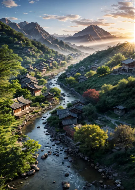 Mountain village view from the top of the valley、Village at Sunrise、Flow of the stream、Villager Work、Perfect lighting、Sharp Focus、High definition、high resolution、High color rendering、High resolution、Ultra-realistic、photo realistic
