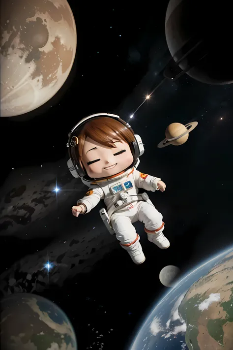 a simplified anime-inspired design featuring a chibi-style astronaut character floating happily among cartoonish stars and planets?