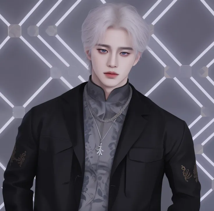 Drawing of a man wearing a black jacket and gray shirt, avatar images of handsome young man, Inspiration from Zhang Han, Drawing in Anime Painter Studio, handsome korean boy, (necklace), close up, white hair, (white galaxy eyes), Inspiration from Yan Junch...