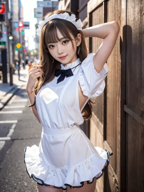 masterpiece、One girl per photo、Full Body Shot、Front view、Young and beautiful woman in Japan、Wearing a cute short-sleeved satin silver black maid outfit、With a big smile、White ruffled headband、White frilly apron、Black Choker、Charming person、Very cute face、G...