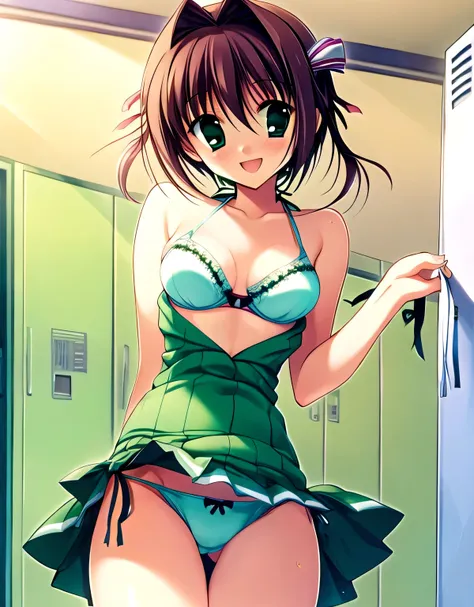 asakura_yume,Brown Hair,Medium Chest,Aqua Eye,White skin,((locker room)),((Are standing)),(((In the middle of changing into a bikini bra))),((Bust up shot)),(((((green_Summer Dresses))))),nsfw, ((valley)),No bra,topless,smile,Open your mouth,