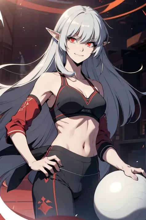 alice,vampire,grey hair, long hair, red eyes, pointy ears, small breasts,, best quality, photorealistic, yujiasuit, bikini, 1girl, solo, , yoga ball, , looking at viewer, smile, green sports bra, simple background, , midriff, long hair, breasts, upper body...