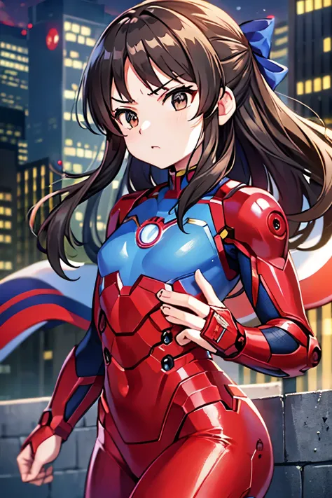 Primary school students、child、Long Hair、((Small breasts、Small breasts、child体型、Angry、injured body、Blue ribbon))、((iron man suit))、City of night、Rooftop、Boxing stance、8 year old 、Fight the enemy、A body covered in scars、Struggled、Sweating profusely
