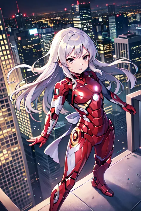 Primary school students、child、Long Hair、((Small breasts、Small breasts、child体型、Angry、injured body、Blue ribbon))、((Silver Iron Man suit))、City of night、Rooftop、Boxing stance、8 year old 、Fight the enemy、A body covered in scars、Struggled、Sweating profusely