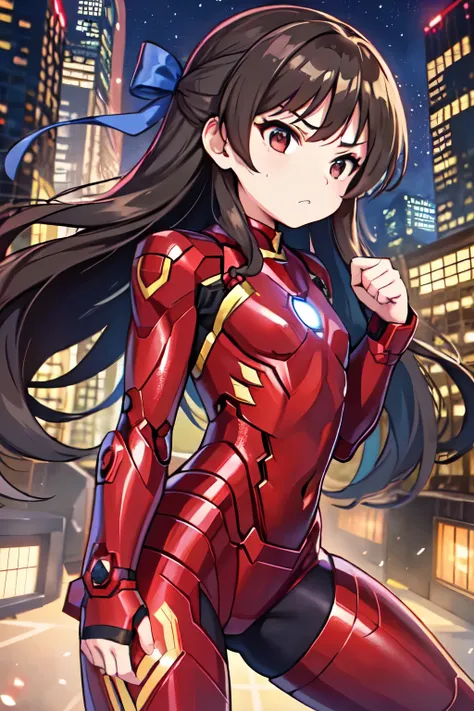 primary school students、child、long hair、((small breasts、small breasts、child体型、angry、injured body、blue ribbon))、((iron man suit))...