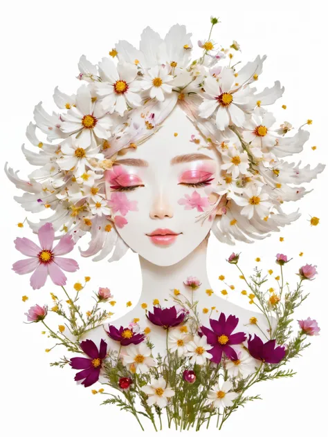 Fall Leaf Crafts, Girl made of flowers, Cosmos flower、Portraiture, White background、