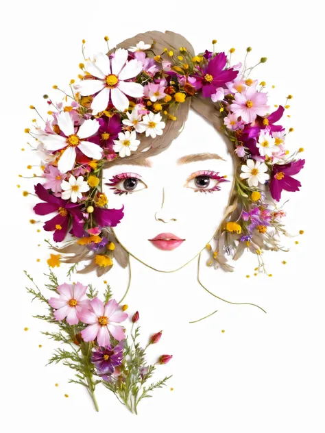 Fall Leaf Crafts, Girl made of flowers, Cosmos flower、Portraiture, White background、