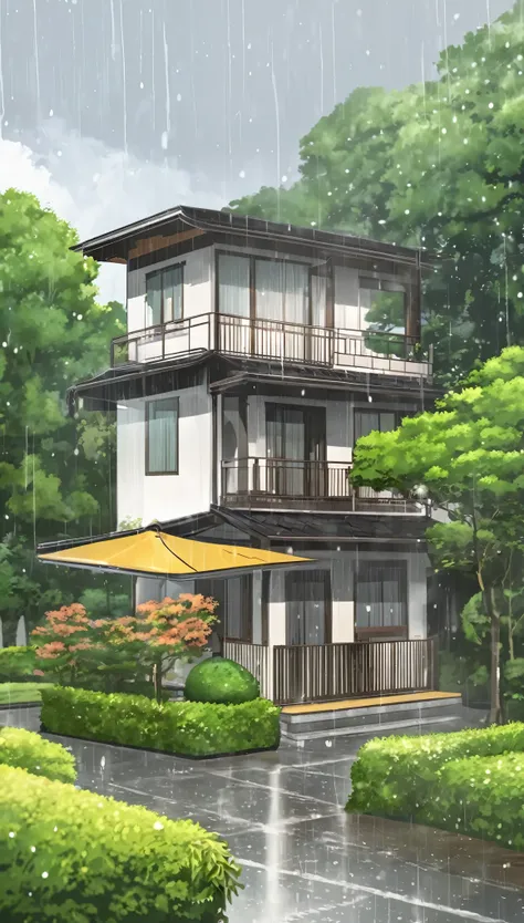 a beautiful single house, rainy season illustration