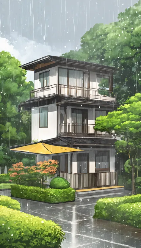 A beautiful single house, rainy season illustration