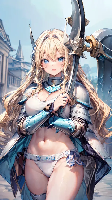 Very detailed、highest quality、(Best image quality:1.5)、(masterpiece:1.5)、8k、Anime Face、A kind smile、Open Mouth、(Beautiful bright blue eyes:1.5)、(Blonde wavy hair:1.5)、Muscles of the whole body、Thigh belt、(Wearing white bikini armor:1.5)、(Cowboy Shot:1.6)、(...
