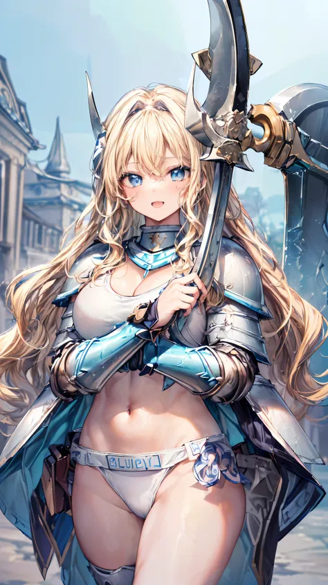 Very detailed、highest quality、(Best image quality:1.5)、(masterpiece:1.5)、8k、Anime Face、A kind smile、Open Mouth、(Beautiful bright blue eyes:1.5)、(Blonde wavy hair:1.5)、Muscles of the whole body、Thigh belt、(Wearing white bikini armor:1.5)、(Cowboy Shot:1.6)、(...