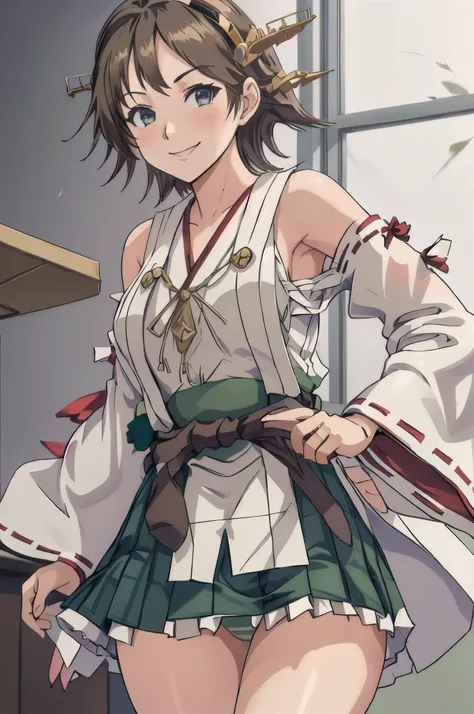 highest quality, masterpiece, High resolution, alone, {Hiei_Kantai Collection:1.15}, オレンジ色hair, hairband, headgear, Non-traditional_Miko, smile, green_eye, Inverted up_hair, smile, (One Girl), Dependent_sleeve, green_skirt, Plaid, Plaid_skirt, ribbon-trimm...